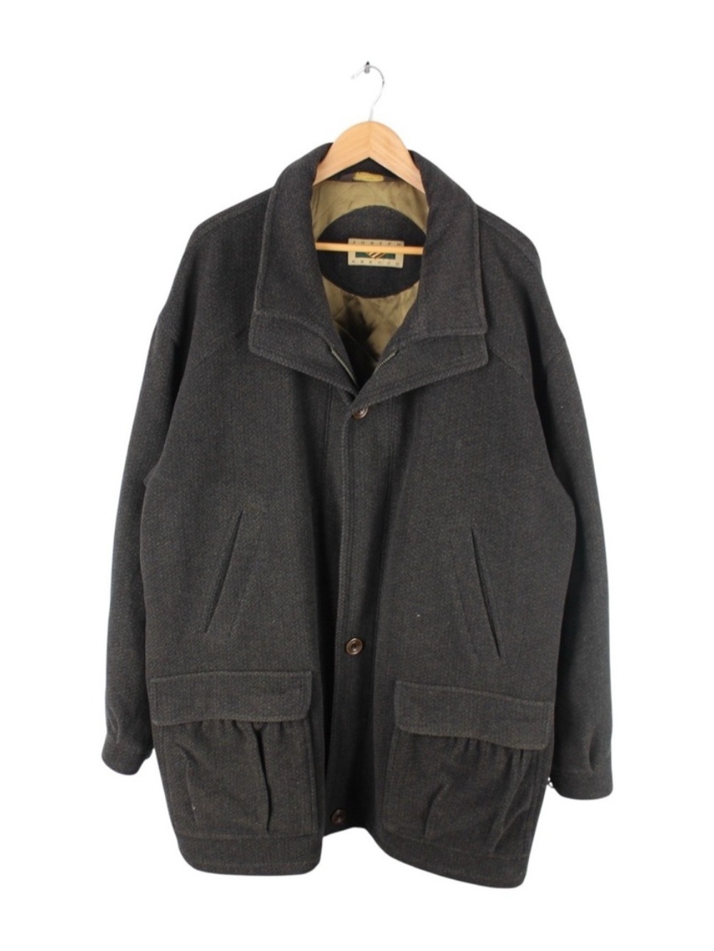 Joseph Abboud Wool Overcoat Mens 44L Brown Herringbone Button Front Jacket